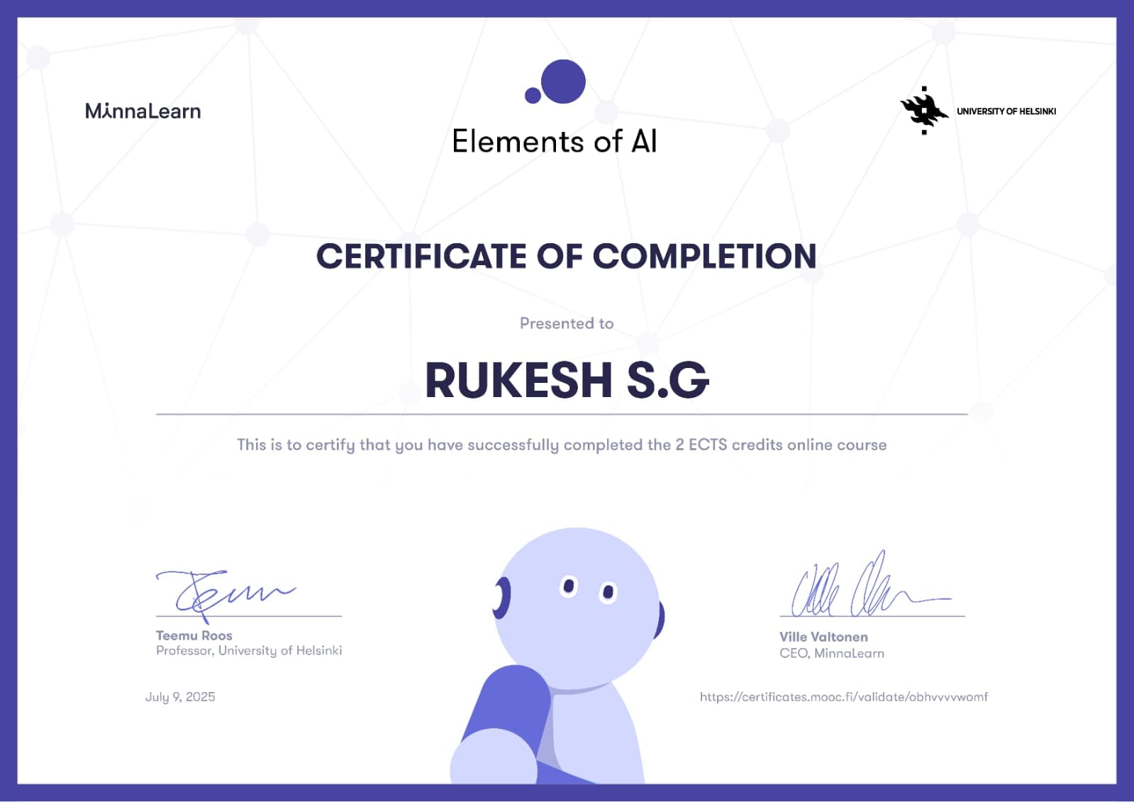 Elements of AI certificate preview