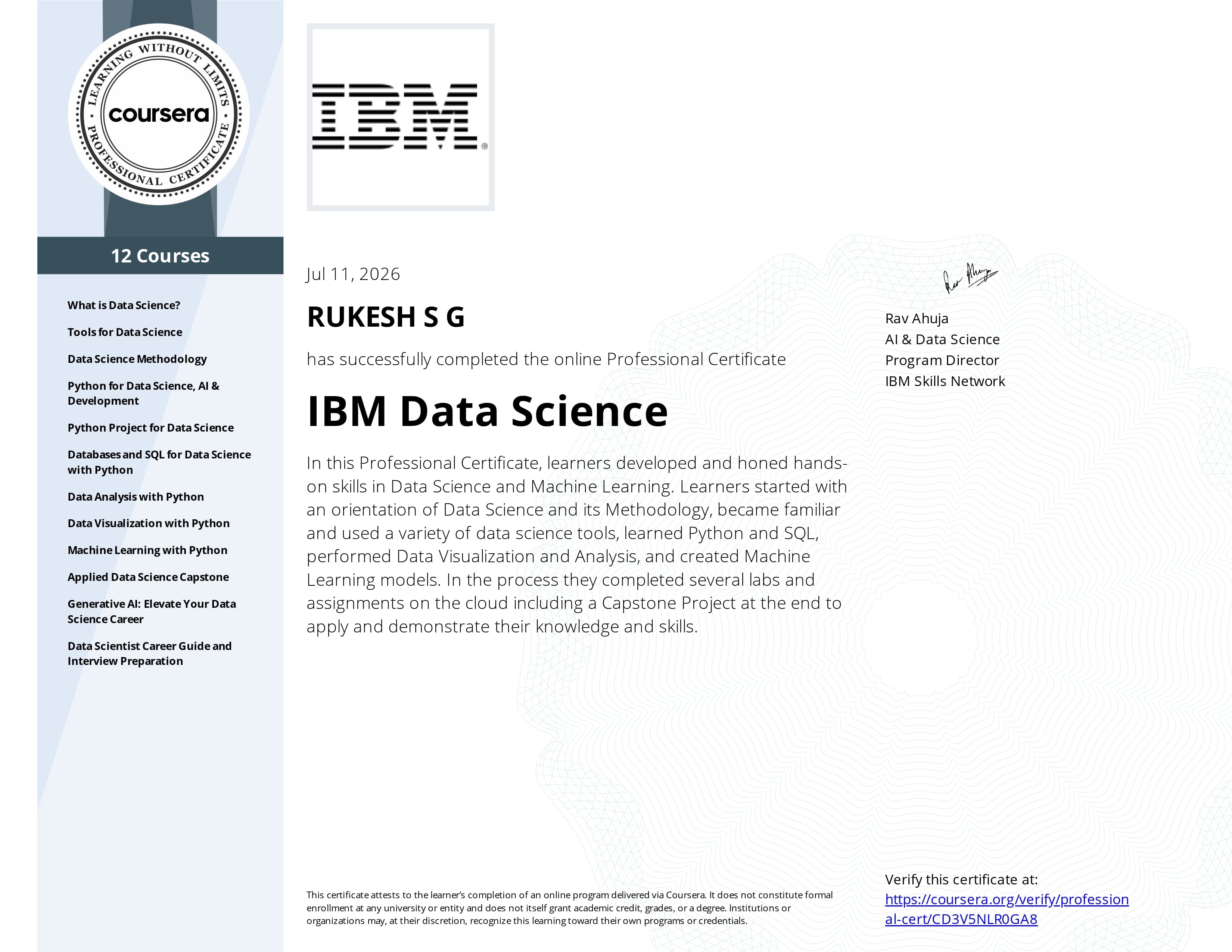 IBM Data Science Professional Certificate certificate preview