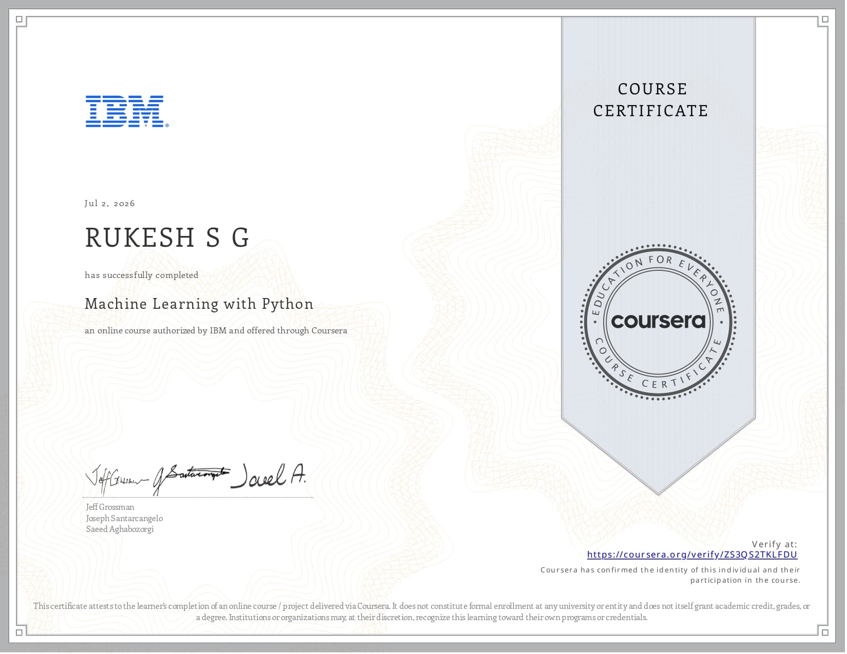 Machine Learning with Python certificate preview