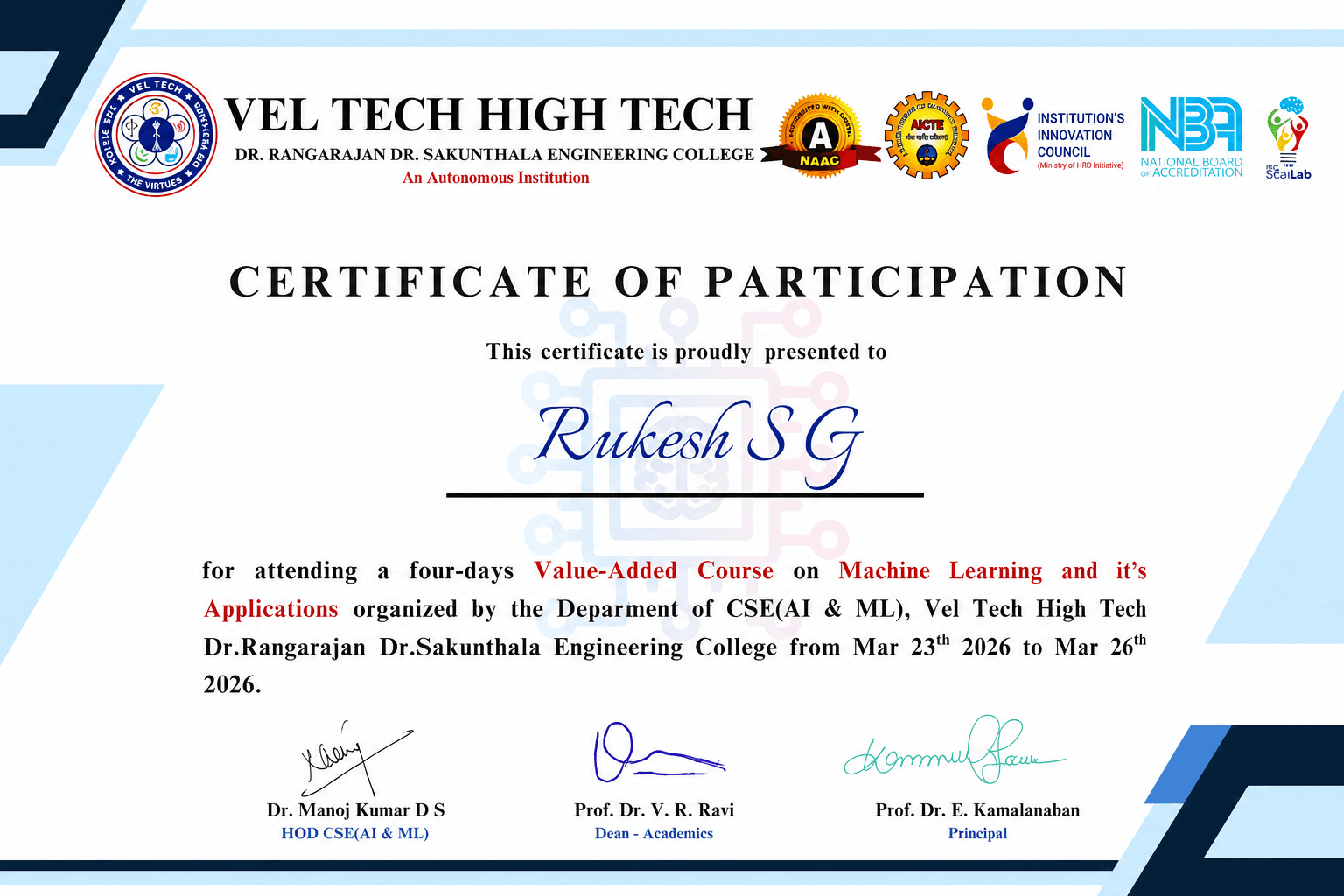Machine Learning and its Applications certificate preview