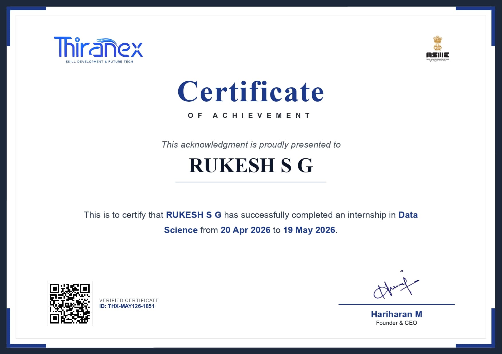 Virtual Data Science Training Program certificate preview